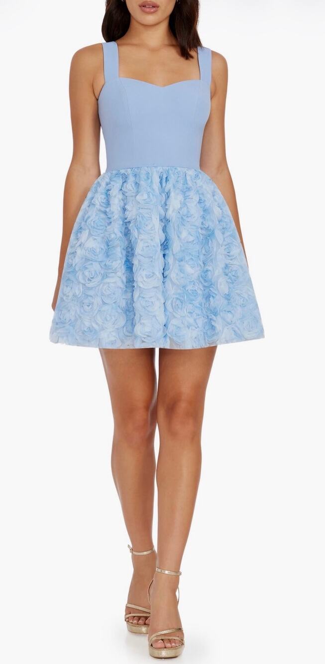 Dress the Population Mini Dress Blue Melanie Floral Appliqué Mixed Media Medium